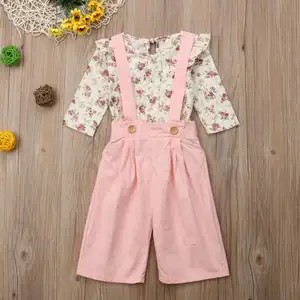 2 PIÈCES Enfant En Bas Âge Enfants Bébé Fille Manches Longues Floral T-shirt Tops + Bavoir Rose Pantalon Globale Jambe Large Pantalon 2 PIÈCES Tenues Enfants Vêtements