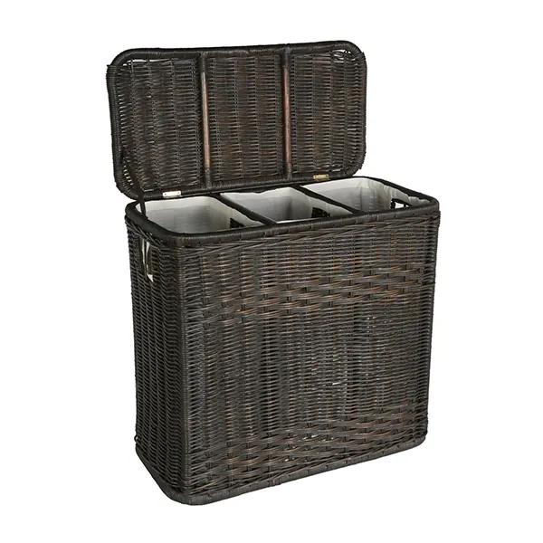 High quality custom big volume rectangle rustic 3 grid wicker laundry basket with lid