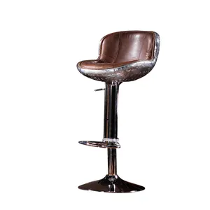 Vintage Top Grain Leather Aviation Bar Stool ChairとDisc Base Aluminium/Brass Back Swivel Industrial