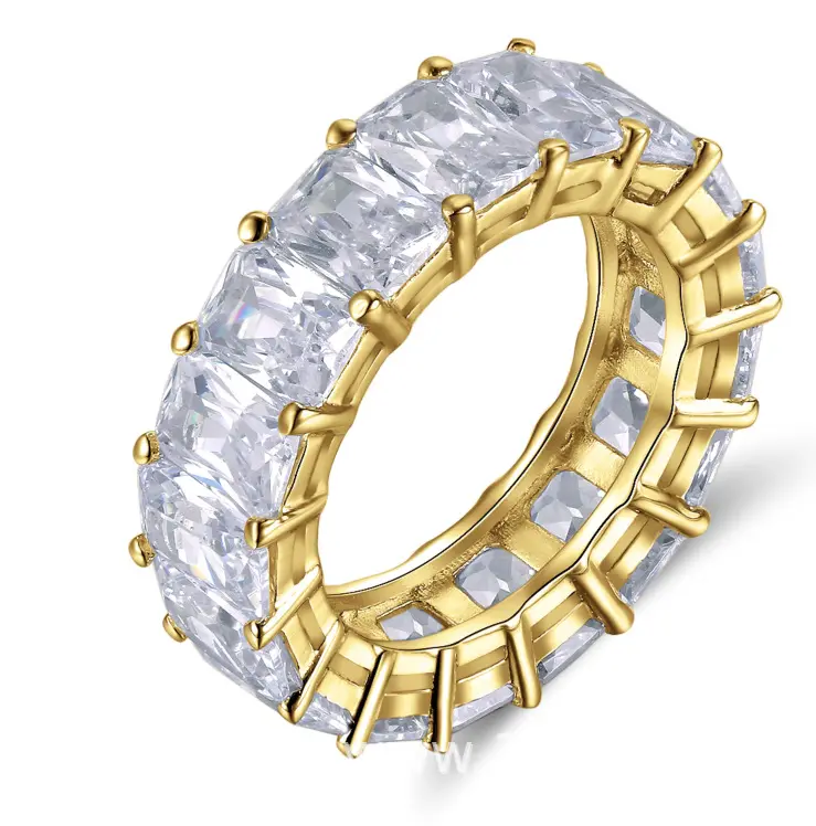 Rinntin OR146 Hot Selling Messing Sieraden Iced Out Vierkante Baguette Cz 14K Vergulde Eternity Band Ringen