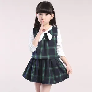 Anaokulu kreş ilkokul üniforması onay pilili çocuk kız takım elbise üstleri ve etek seti çocuk okul üniformaları