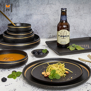 Nordic Minimalist Style Ceramic Hot Sell <strong>Black</strong> Matte <strong>Black</strong> <strong>Dinner</strong> <strong>Set</strong> with Golden Rim - Product Image 4