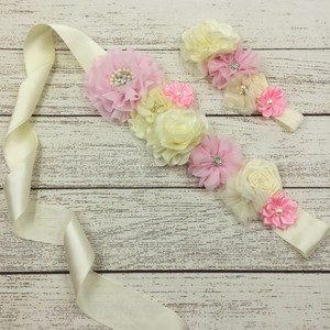 Gros Bébé Bandeau Satin Tissu Fleur Sash Ceinture Et Fleur Satin Ceinture Ensembles Avec Perle - Product Image 3