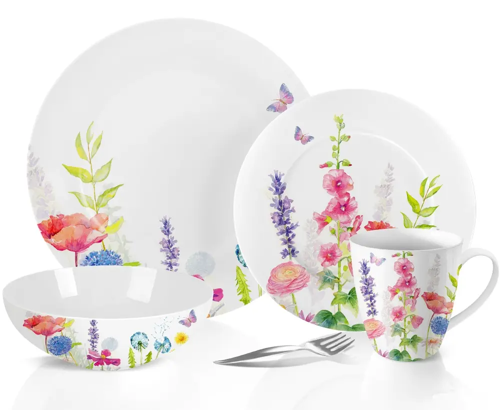 Vaisselle en porcelaine super blanche, motifs floraux, pour fête de jardin, 2019