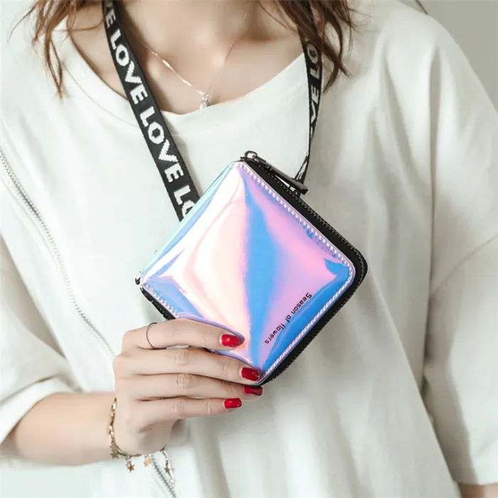 Fashion shiny laser women zipper ladies neck wallets in guangzhou