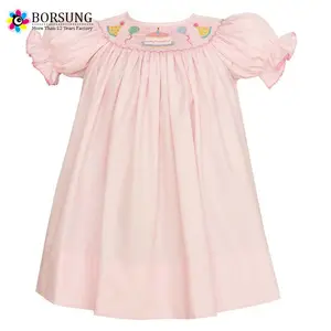 Pink Poplin Bishop Dress With Birthday Cake Baby Girls Smocked Dress