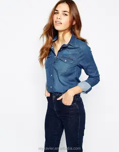 Camisa jeans macia, gola ponta feminina de verão com bolsos no peito gêmeos, camisa ocidental, 2021
