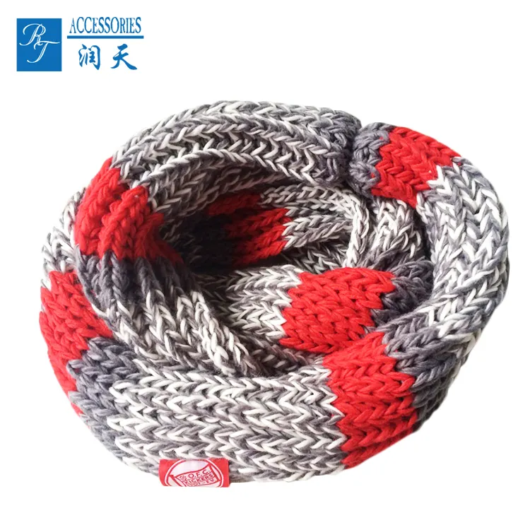 Red and grey stripe warm neckerchief cable knit acrylic scarf