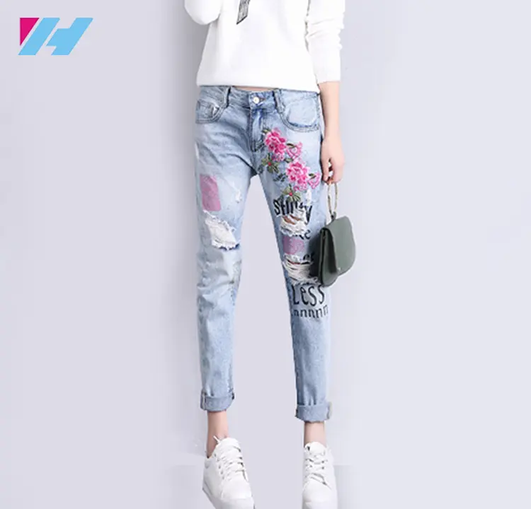 2019 hohe qualität damen jeans top design Zerrissene jeans denim stickerei casual hosen frauen hosen