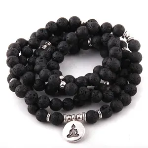 Großhandel Frauen 8mm Lava Perle mit OM Buddha Loctus Charm Armband Männer OM Armband doppelte Verwendung 108pc Yoga Mala Halskette