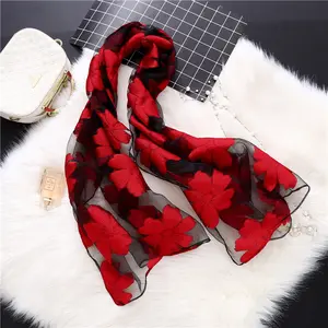 Wholesale 2019 new ladies elegant hijab wraps fashion summer sunscreen solid leaf embroidery sheer women organza silk scarf