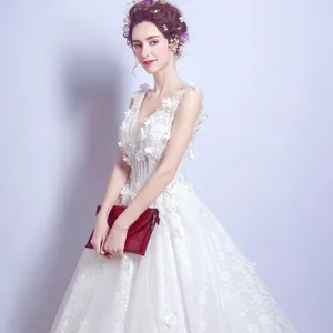 Fashion design senza maniche ricamo abito da sposa bianco abito da sposa signora