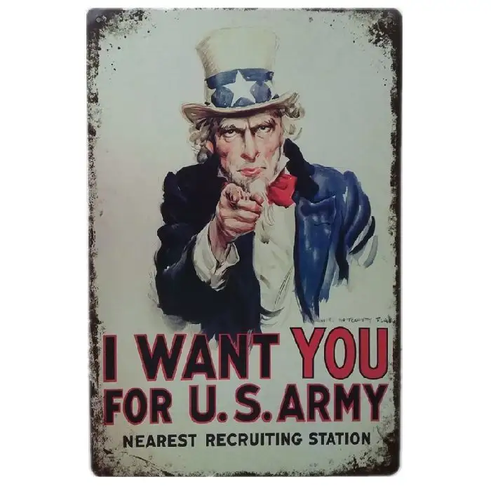 I Want You For US Army Decor Vintage Metal Tin Poster Popular Cafe Bar Garage Home Wall Office Garden Retro Rustic Style