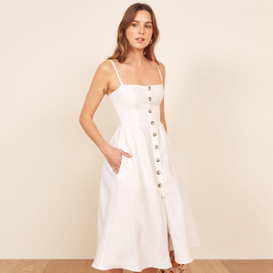 Guscio di tartaruga button up UNA linea smocked <span class=keywords><strong>lino</strong></span> <span class=keywords><strong>midi</strong></span> dress - Product Image 2