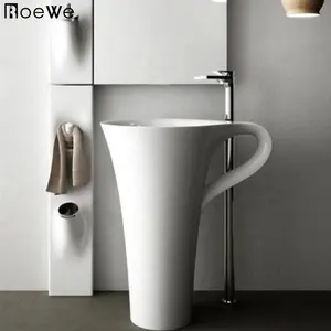 Fregadero de pedestal de baño de superficie sólida, lavabo de pie con forma de taza, compuesto de piedra de resina fundido, Independiente