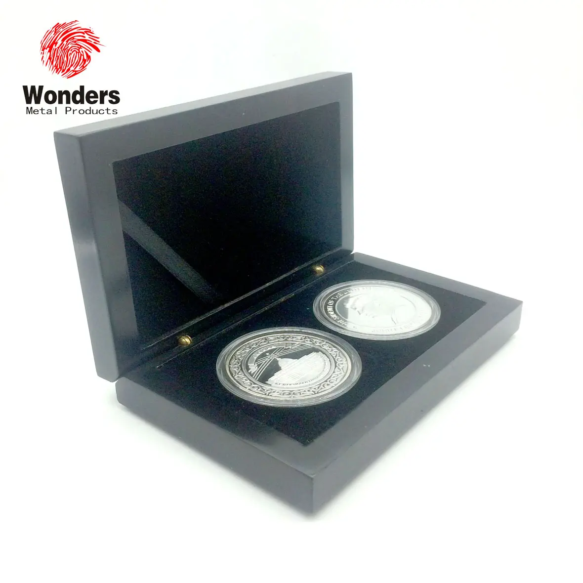 Caja de exhibición de monedas de madera conmemorativa, caja de regalo de monedas doradas al por mayor