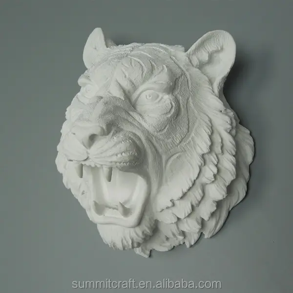 Cabeça de tigre de resina 3d, cabeça de animal de resina branca decoração montada na parede
