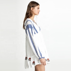 Brand Designed <strong>White</strong> Embroidery Blouse <strong>Dress</strong> <strong>for</strong> <strong>Women</strong> <strong>Plus</strong> <strong>Size</strong> A-Line Casual Lantern Sleeves Deep V-Neck Natural Waistline - Product Image 5