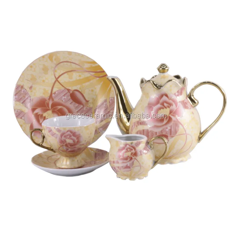 Conjunto de café banhado a ouro de porcelana, 24 peças, conjunto de chá com decalque