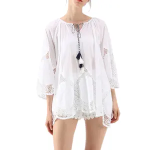 Ladies Fashion Tunic White Floral Crochet Blouse With Scrolled Cuffs