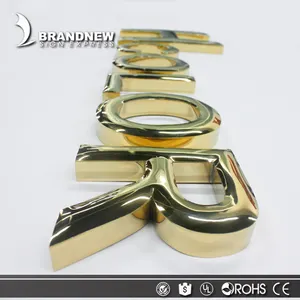 Letrero de metal dorado personalizado, acero inoxidable, acabado de espejo 3d en relieve, letras