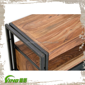 Rustic Wooden <b>Display</b> Rack Tier <b>Table</b>,Vintage Industrial Metal Frame Tv Stand,Handmade Portable Bookshelf <b>Display</b> with Drawer - Product Image 4