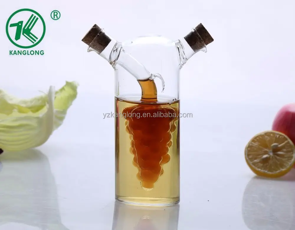 新しいデザイン手作りブドウ形高ホウケイ酸透明ガラス2in1オイルと酢ガラス水ボトル環境にやさしいオイルボトル