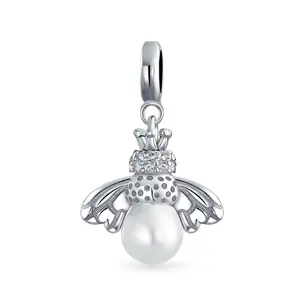 Queen Bee Mom White Simulated Pearl Dangle Charm Bead For Mother Sterling Silver For European Bracelet