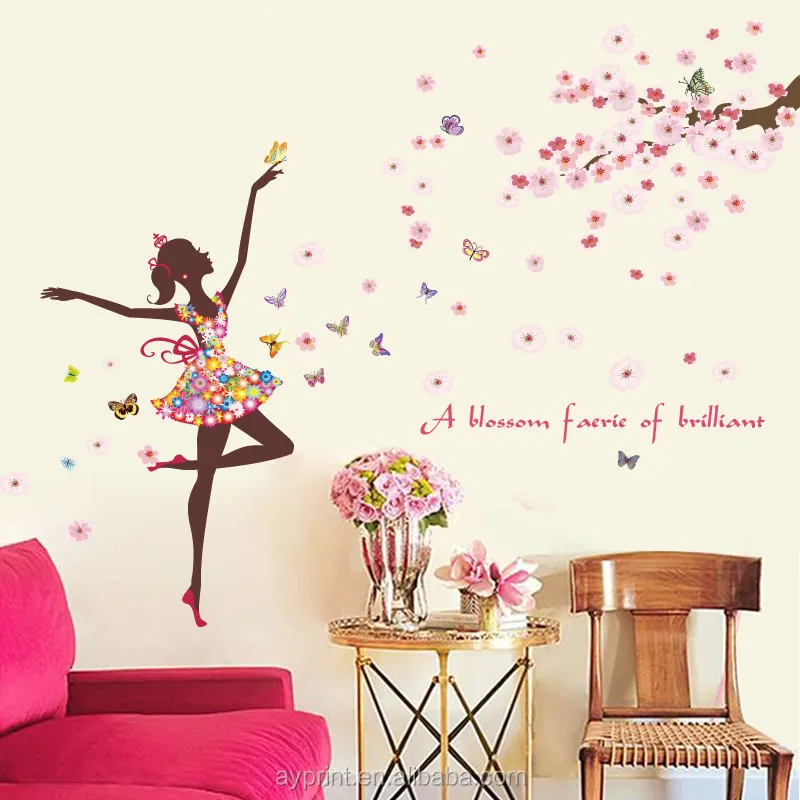HM92005 decor wall sticker dancing girl butterfly flower home bedroom TV background decorative wall decal