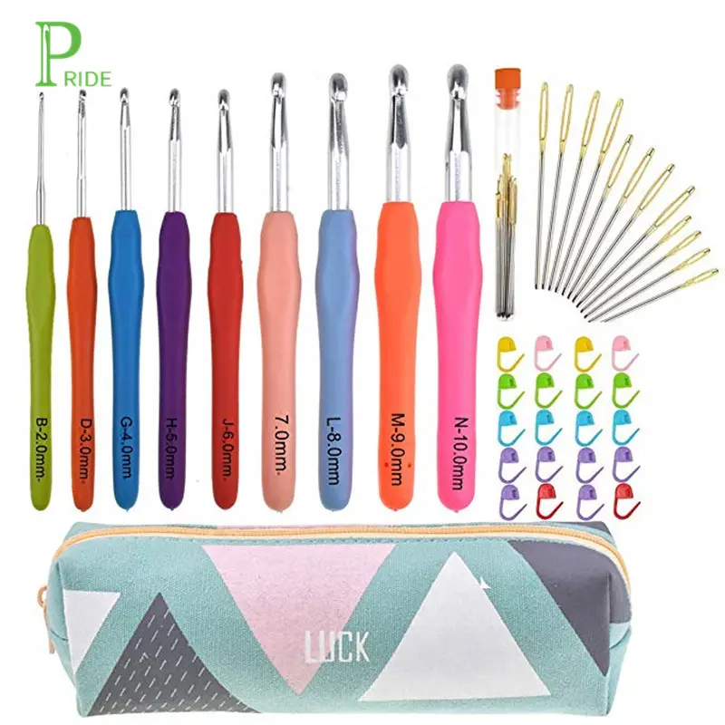 American size extended printed crochet hook set with metal sewing needles packed in a colorful triangle pattern case