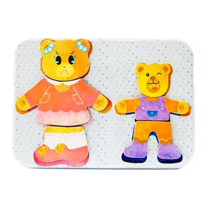 Wooden Magnetic Puzzle Games, Cute Fridge Magnets, Wooden Jigsaw Dress Up Bear Toy With Metal Storage Box for Girls