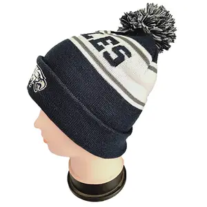 Fashion girls knitted jacquard sports football beanie hat with pom pom