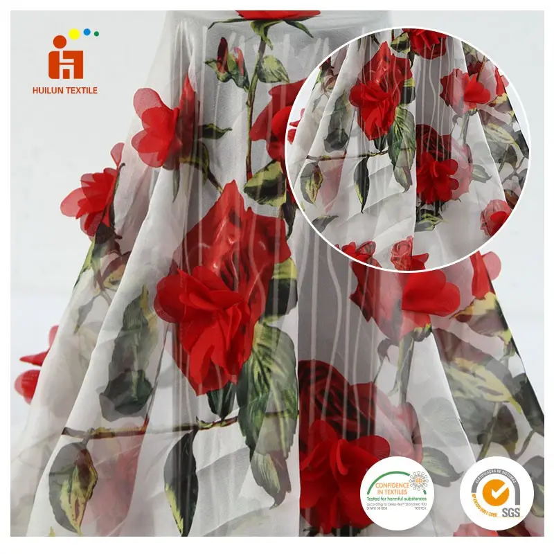 Bán Sỉ Vải Voan In Họa Tiết Hoa Hồng Đỏ 3D 100% Polyester Vải Ren San Hô Châu Phi