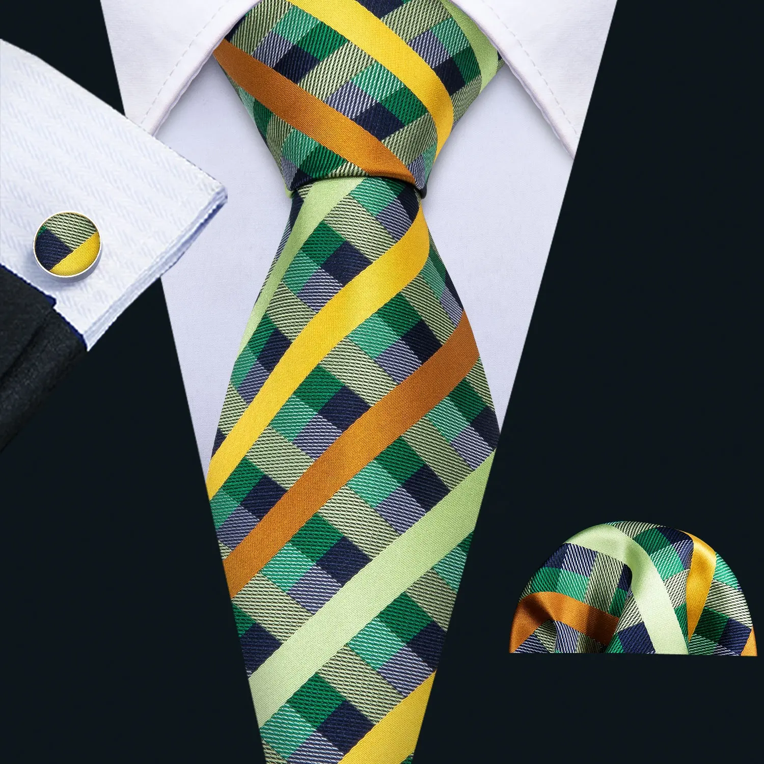 Ensemble de cravates tissées en soie pour hommes, à carreaux verts, boutons de manchette Hanky, col en soie, vente en gros,