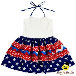 48BQA221 Yihong Small Girls Dress Red White Blue 4th Of July Girls Dress Striped Tulle Baby Dress