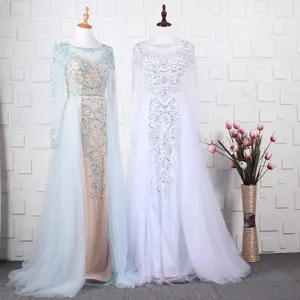 White/Blue Color Heavy Beaded Long Sleeve High Neck 2019 New Designer European Style Evening Dresses A Line Slim Evening Gowns