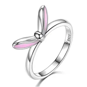 BAGREER SCR058 Fashion cute pink rabbit ears finger ring girls gift sterling silver 2019 girls customized animal bowknot ring