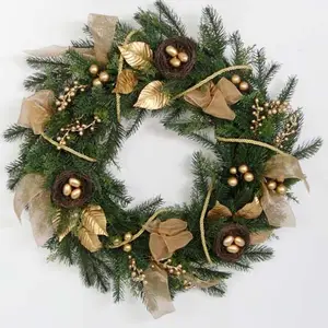 22" Golden Christmas wreath with berries and bird nest