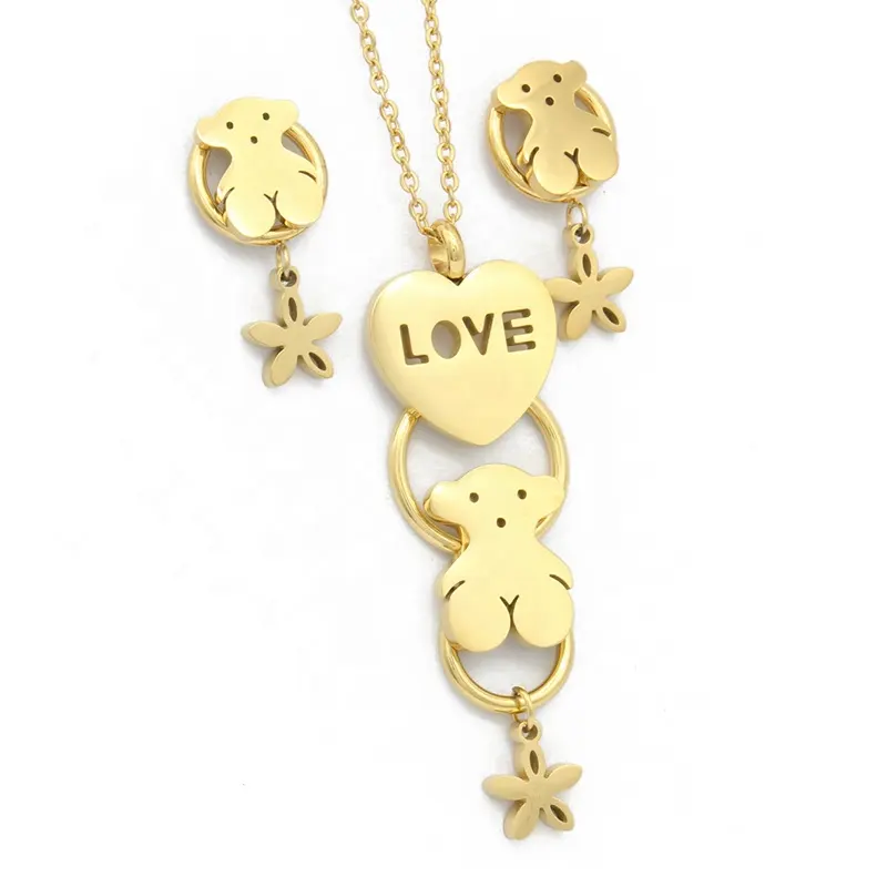Trendy Stainless Steel Heart And Bear Shaped Jewellery Set Gold Pendant And Earring Set