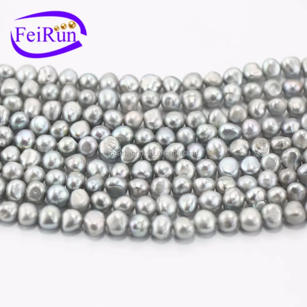 FEIRUN dye grey color 8mm baroque natural pearl strand necklace, loose pearl string, pearl string beads
