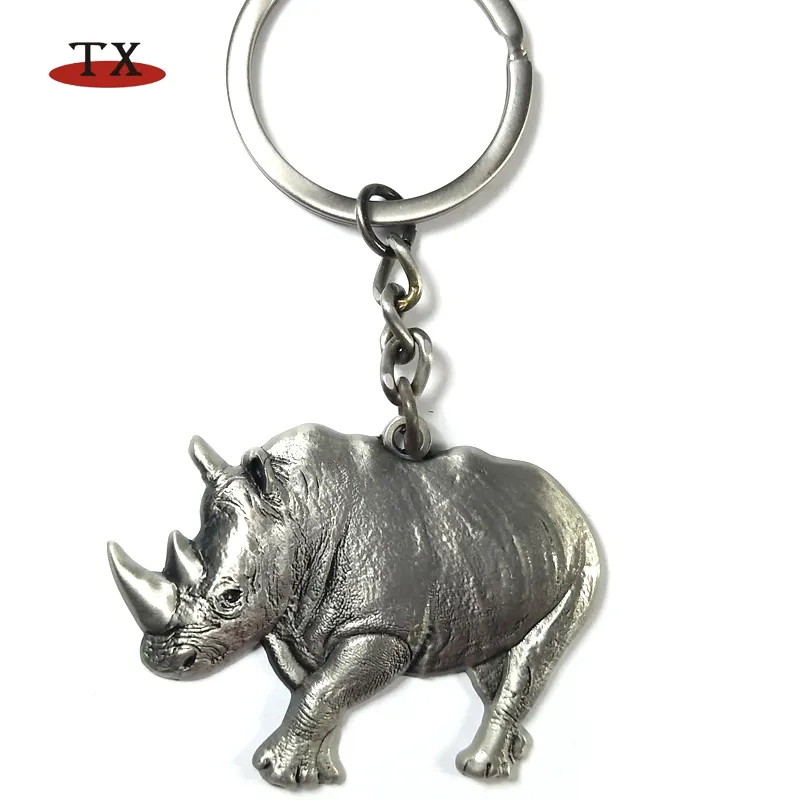 Antique silver 3d sculpture Zoo animals souvenir Rhino keychain rhinoceros keyring