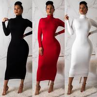 Venta al por mayor de Otoño de las señoras vestidos ajustados Sexy cremallera de manga larga de cuello alto delgado vestido largo para las mujeres JZ550