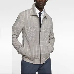Jaqueta xadrez de denim masculina, casaco personalizado com zíper