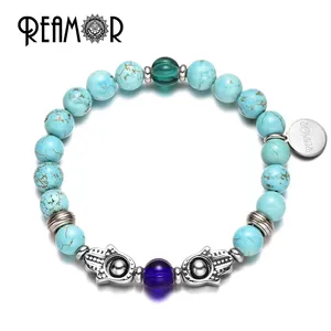 REAMOR Stainless Steel Fatima Hamsa Hand Beads Turquoises Natural Stones Lampwork Beads Stretch Bracelet For Men&Women Jewelry