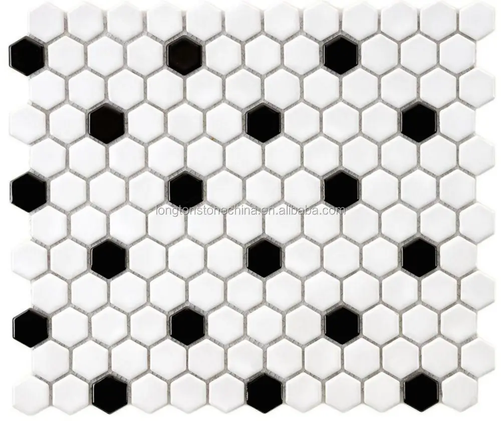 Hexagonal victoriano clásico acento azulejos de Metro hexagonal blanco brillante punto negro porcelana mosaico