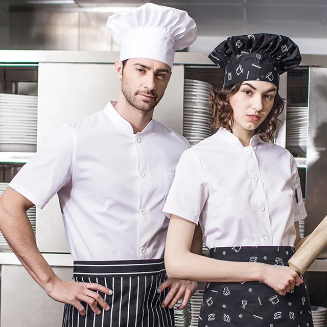 Camisa de trabalho personalizada de manga curta preto branco, uniforme de chef de bar, restaurante e hotel ocidental