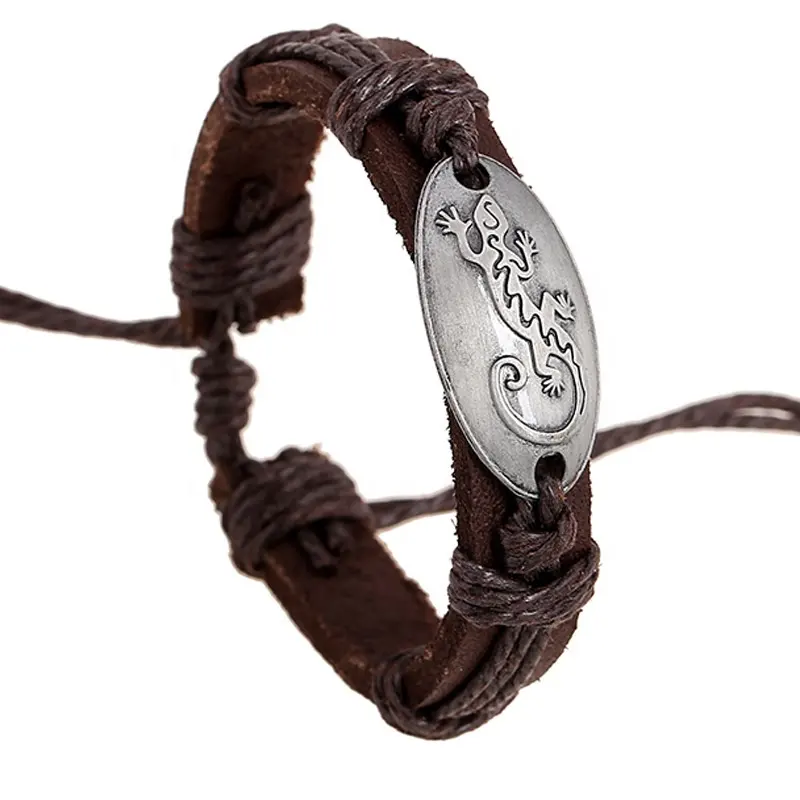 Pulsera de piel auténtica para hombres y mujeres, pulsera de piel de vaca con abalorio Punk de serpiente