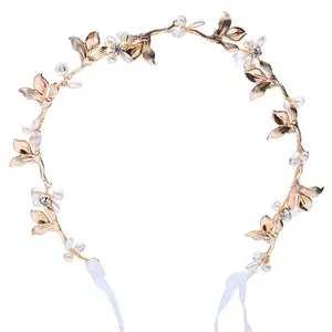 Fashion Gold Leaf Bridal Headband Earrings Set Pearls Wedding Hair Accessories Jewelry Headpiece For Women