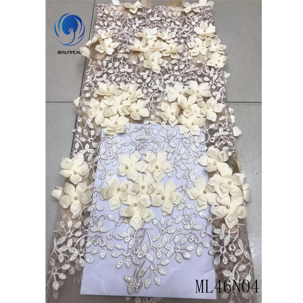 Beautifical africana de encaje bordado nuevo diseño de encaje diseños flor 3d de tela de malla de ML46N04