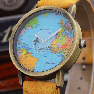 นาฬิกาควอตซ์ยอดนิยมขายส่ง นาฬิกาข้อมือหนังผสมโลหะสำหรับผู้หญิงและผู้ชาย ลายแผนที่โลก รับผลิตแบบ OEM - Product Image 4